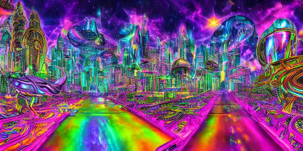 Prompt: psychedelic alien cityscape, photorealistic, hyperrealistic, futuristic, in style of Lisa Frank, cosmic, holographic, 4K, UHD, HDR