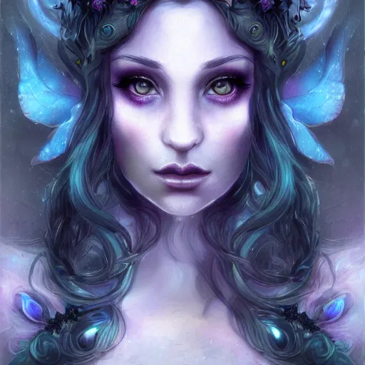 Prompt: detailed portrait of a dark fairy queen, crown, pixie, iris, realism, pale blue, emerald, galaxy, sapphire,dark purple crown,leaves, moonlit, dark fantasy, dramatic lighting, cgsociety, artstation