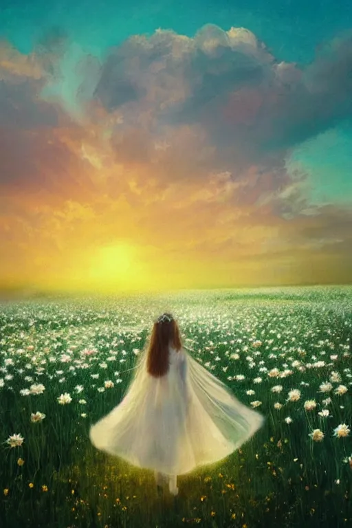 Image similar to giant white daisy flower veil, girl walking in a flower field, surreal photography, sunrise, dramatic light, impressionist painting, colorful clouds, digital painting, artstation, simon stalenhag