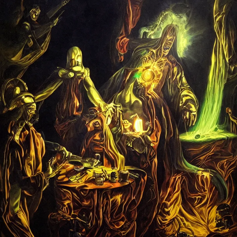 Prompt: alien wizard conjuring glowing magic in a dark laboratory. pulp sci - fi art for omni magazine. baroque period, oil on canvas. renaissance masterpiece.