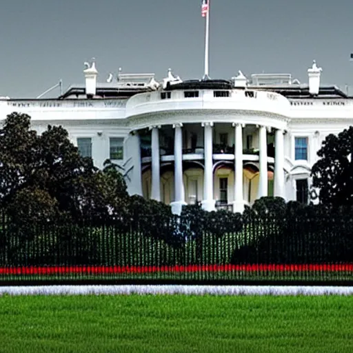Image similar to cnn screen, the white house grounds completely full of gopher holes, the white house in the background, cinematic angle
