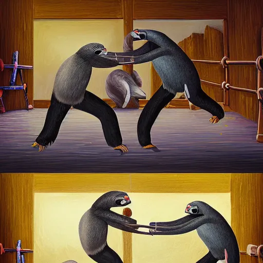 Image similar to painting of a sloth vs pigeon kung fu style in a dojo, facing each other, aggressive sloth vs a muscled pigeon, best photo award, high quality 8 k, cinematic lighting, painting by kusama, high detail, realism : 9 5 %