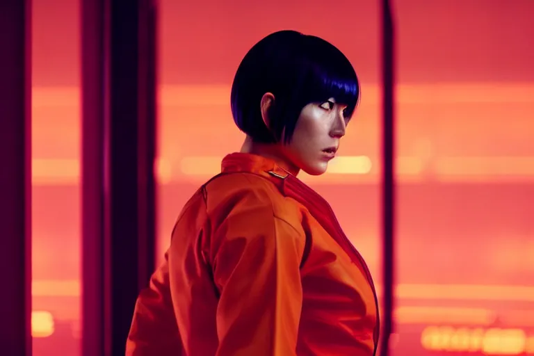 Image similar to major motoko wearing an orange prison jumpsuit, photography by fred palacio medium full shot still from bladerunner 2 0 4 9, sci fi, bladerunner, canon eos r 3, f / 3, iso 2 0 0, 1 / 1 6 0 s, 8 k, raw, unedited