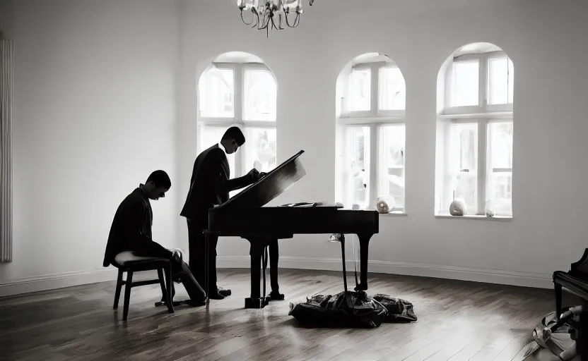 Image similar to a christian couple praying in a room with a piano, photo, sharp, 4k