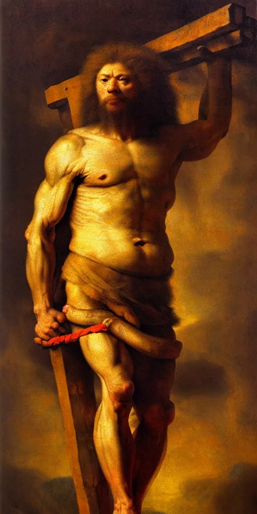 Prompt: oversized muscular lion as crucified angry christ the lord human bloody legs full body portrait pose , very textured detailed oil painting by rembrandt , hard backlight , in dark cave