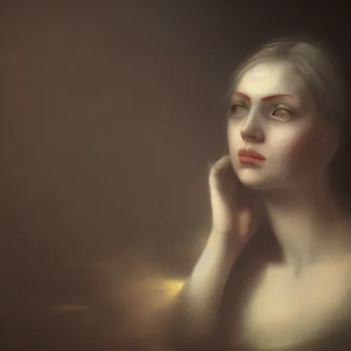 Image similar to a closeup of a woman in a grim and foreboding dark room, caressing her face. an evil face is depicted behind, artstation, cgsociety, 4 k, 8 k, uhd, dark lighting, vignette, 1 7 0 0 s oil painting.