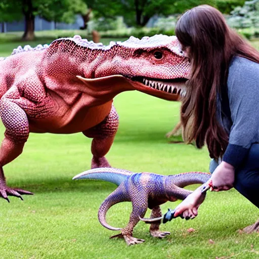 Prompt: a lady playing fetch with her pet dinosaur,