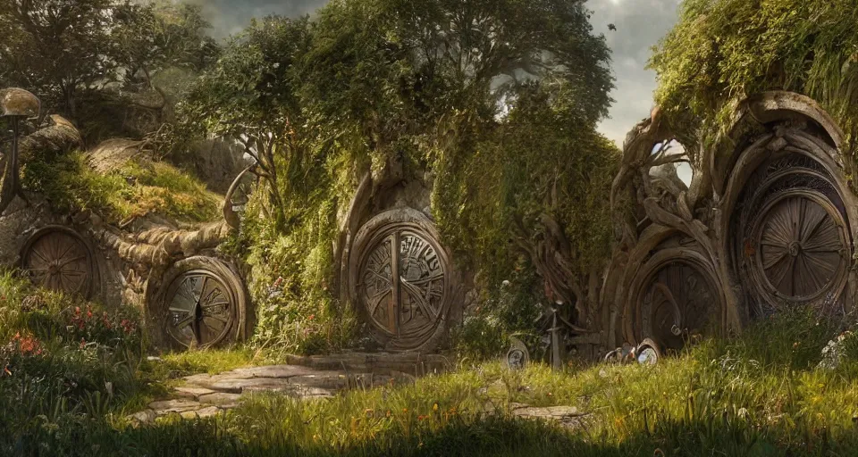 Image similar to the shire, hobbiton, lord of the rings, hobbit circle doors, intricate, elegant, highly detailed, greg rutkowski, dishonored 2, bioshock, scifi, john park, frazetta, john howe, ruan jia, jeffrey catherine jones
