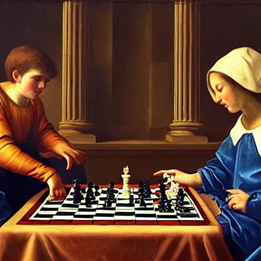 Image similar to renaissance painting of magnus carlsen playing chess