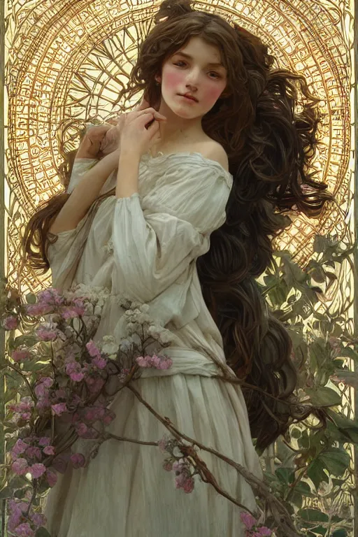 Image similar to beautiful cottagecore young peasant maiden, innocent, intricate, elegant, highly detailed, digital painting, artstation, concept art, smooth, sharp focus, illustration, art by artgerm and greg rutkowski and alphonse mucha