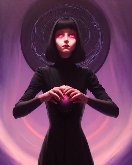 Image similar to high angle picture of a black dress witch researching about the azathoth, model pose, very brightening eyes, huge magic circles on the hand, magic and fantasy, extremely beautiful and aesthetic and detailed cute face, specular reflection, occlusion shadow, intricate, masterpiece, by ilya kuvshinov and jeremy lipking and quentin mabille