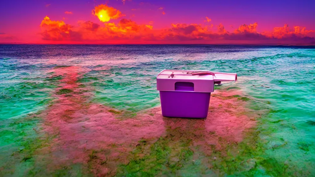 Image similar to purple refrigerator, red sand beach, green ocean, nebula sunset