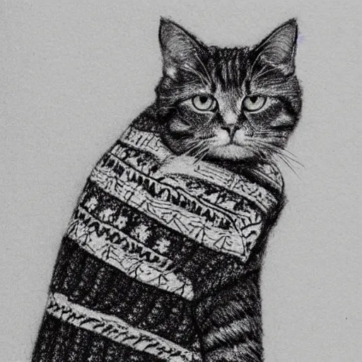 Image similar to cat wearing a christmas jumper pencil sketch highly detailed, smooth, sharp focus