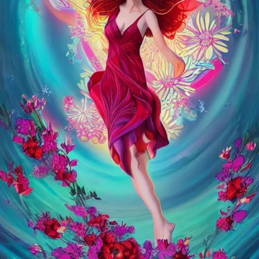 Image similar to scarlet witch in a swirling sundress of flowers, floral explosion, radiant light, vortex of plum petals, by WLOP, Tristan Eaton