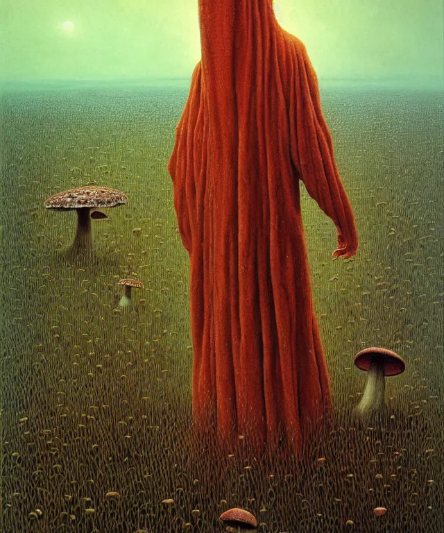 Image similar to A detailed funguswoman stands among the mushroom fields. Wearing a ripped mantle, robe. Perfect faces, extremely high details, realistic, fantasy art, solo, masterpiece, art by Zdzisław Beksiński, Pauline Baynes, Dariusz Zawadzki