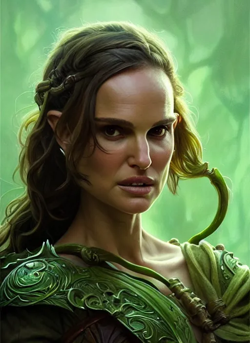 Image similar to portrait of natalie portman as a goblin, d & d, muscular! green, fantasy, intricate, elegant, highly detailed, digital painting, artstation, concept art, smooth, sharp focus, illustration, art by artgerm and greg rutkowski and alphonse mucha