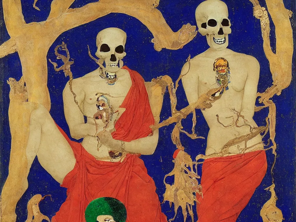 Image similar to Portrait of a Buddhist dancing deity with skull. Lapis Lazuli, malachite, cinnabar, gold. Painting by Piero della Francesca, Balthus, Agnes Pelton