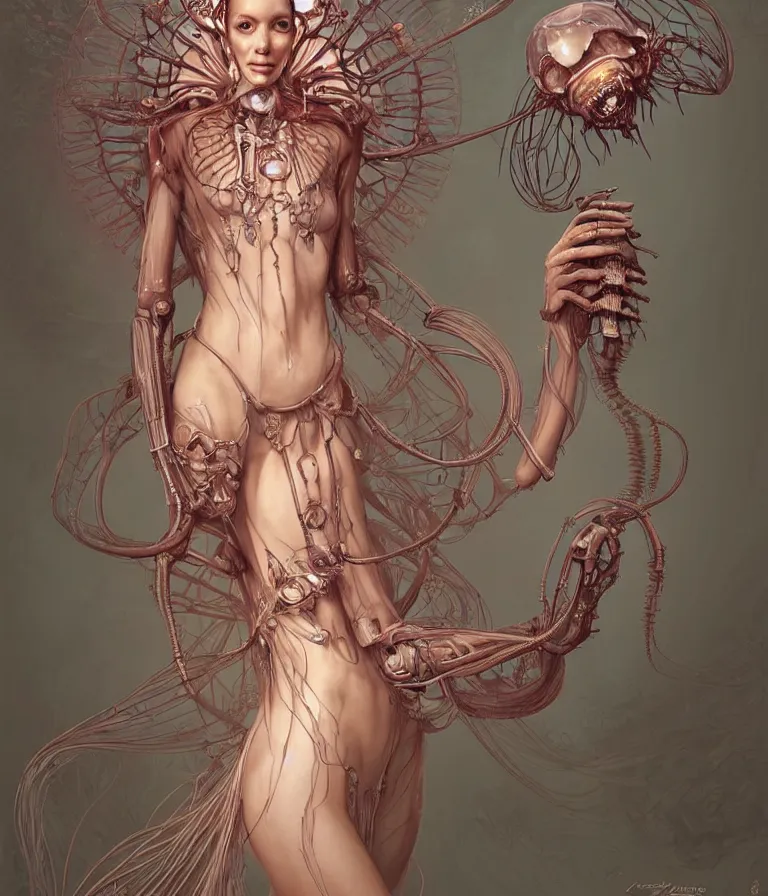 Image similar to fully symmetrical centered portrait of a beautiful princess in robe. artificial muscles, ribcage, bones, hard surface modelling. cyberpunk look. biomechanical mask. bio luminescent biomechanical halo around head. jellyfish. artwork by jarold Sng by artgerm, by Eddie Mendoza, by Peter mohrbacher by tooth wu by alfons mucha, unreal engine, octane render, cinematic light, iridescent details, iridescent colors, dichroic, macro, depth of field, blur