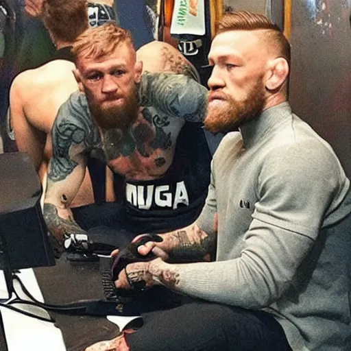 Image similar to Conor McGregor playing Call of Duty with his boys at 3 am, gaming all night