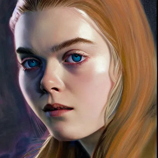 Prompt: ultra realistic medium shot portrait painting of elle fanning in metroid, art by frank frazetta, 4 k, ultra realistic, highly detailed, epic lighting