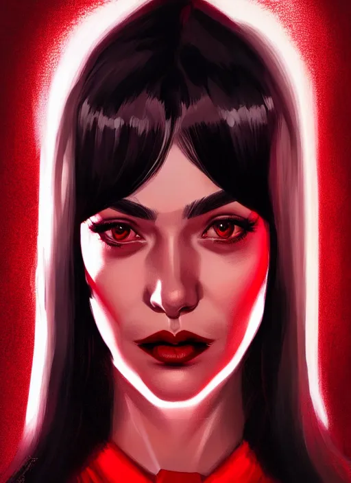 Image similar to portrait of vampire veronica lodge with bangs, vampire, long hair, red clothes, bangs, vampironica, intricate, elegant, glowing lights, highly detailed, digital painting, artstation, concept art, smooth, sharp focus, illustration, art by wlop, mars ravelo and greg rutkowski