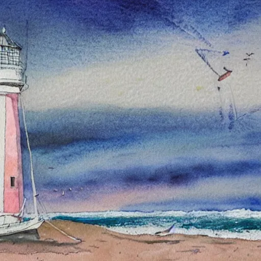 Prompt: Complex hyperdetailed serene masterpiece sketch of a captivating lighthouse, single sailboat catching the wind, by Orris Moe, complex detailed watercolor painting, pastel color scheme.