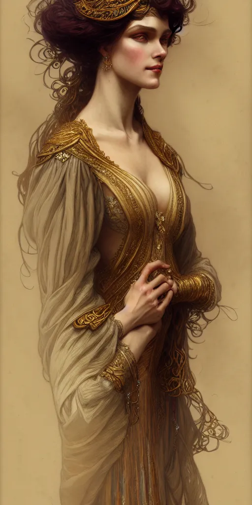 Image similar to character portrait of a modest woman, tall, feminine, powerful, modestly clothed, voluminous, intricate, elegant, highly detailed, digital painting, artstation, smooth, symmetrical, sharp focus, illustration, art by gaston bussiere and alphone mucha