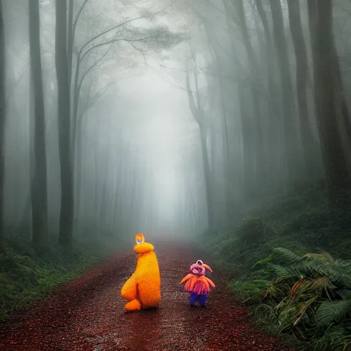 Image similar to a large orange kitsune muppet wearing a dark hooded cloak and herding a bunch of random muppet animals following behind through a dark foreboding misty blue forest, sesame street, photograph, photography, ultrarealistic, national geographic