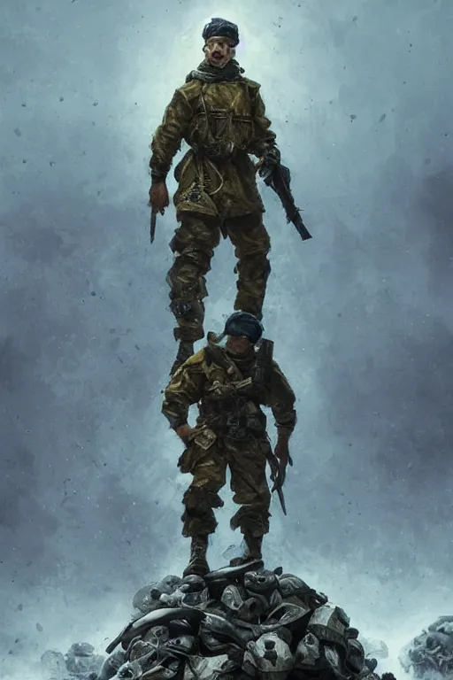 Image similar to a distant shot of a Ukrainian Call of Duty soldier with blue and yellow uniform standing alone on a pile of skulls as a winner, masculine figure, D&D, fantasy, intricate, elegant, highly detailed, extremely detailed, digital painting, artstation, concept art, matte, sharp focus, symmetrical, illustration, art by Artgerm and Greg Rutkowski and Alphonse Mucha