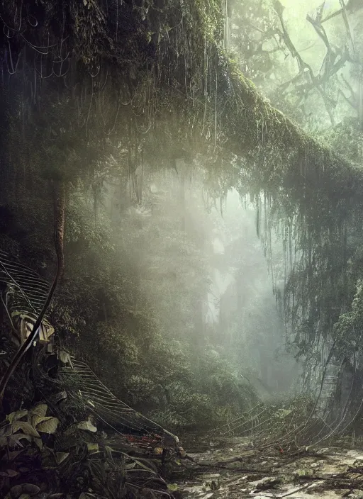 Image similar to decayed aircraft carrier USS Nimitz laying on the ground of a tropical forest overgrown with vegetation and hanging vines, post appocalyptic, by Luis Royo, by Greg Rutkowski, dark, gritty, intricate, cover illustration, concept art, volumetric lighting, volumetric atmosphere, sharp focus, octane render, trending on artstation, 8k