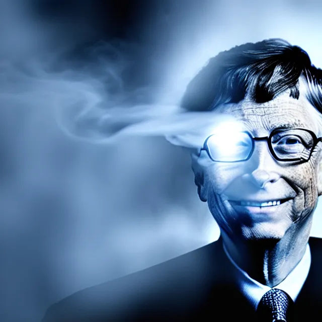 Image similar to bill gates uploading his soul with sharepoint, cinematic lighting, fog mist smoke, photorealistic, studio photography by tomino - sama