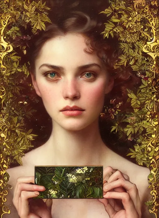 Image similar to hyper realistic photographer looking through a vintage camera, design on white background, beautiful details, lush foliage, gold, drawn by john singer sargent, tom bagshaw, norman rockwell, alphonso mucha, lolish, trending on artstation