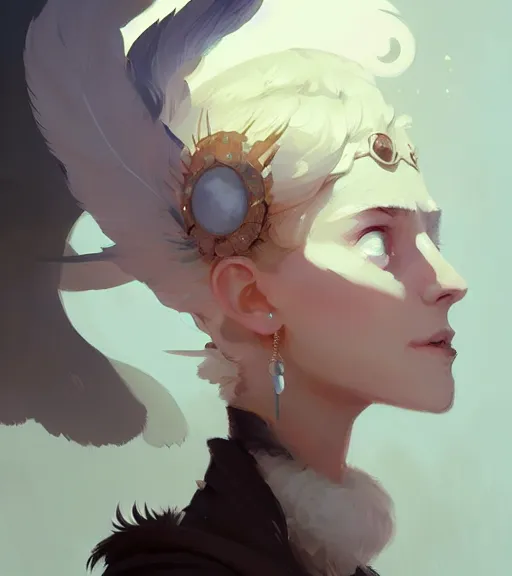 Prompt: portrait of beautiful mage, feathers, by atey ghailan, by greg rutkowski, by greg tocchini, by james gilleard, by joe fenton, by kaethe butcher, dynamic lighting, gradient light blue, brown, blonde cream and white color scheme, grunge aesthetic