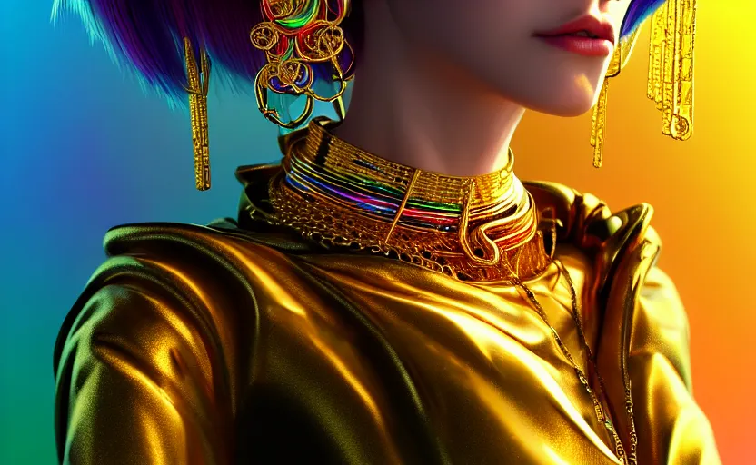 Prompt: hyperdetailed portrait of a stunningly beautiful cyberpunk cute model made of gold metals and shiny iridescent gems, bright rainbow nimbus, gold necklace, gold background inspired by ross tran and masamune shirow and kuvshinov, intricate, photorealistic, octane render, rtx, hdr, unreal engine, dnd digital art by artgerm