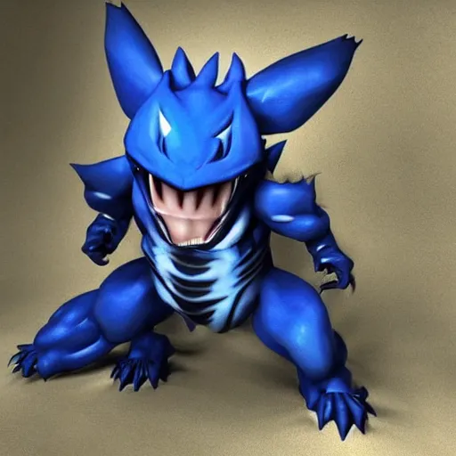 Prompt: Menacing blue eyes Nidoking infected with the Venom symbiote post apocalyptic
