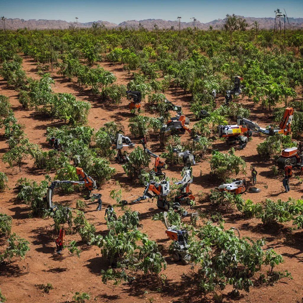 Prompt: robots harvesting a permaculture jungle in the desert, XF IQ4, 150MP, 50mm, F1.4, ISO 200, 1/160s, natural light