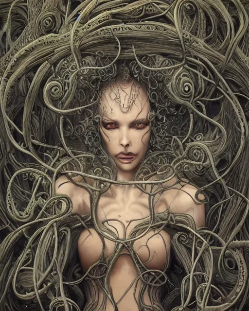 Prompt: centered beautiful detailed portrait of a insane, crazed, mad old woman, ornate tentacles growing around, ornamentation, thorns, vines, tentacles, elegant, beautifully soft lit, full frame, by wayne barlowe, peter mohrbacher, kelly mckernan, h r giger