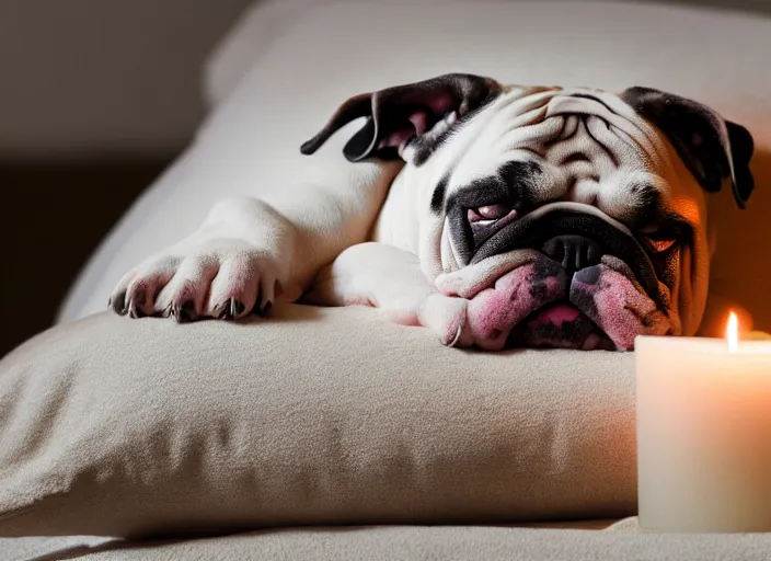 Image similar to a closeup, 4 5 mm, portrait of a sleeping english bulldog in a bed, on a pillow, candle light, 4 5 mm, by franz lanting