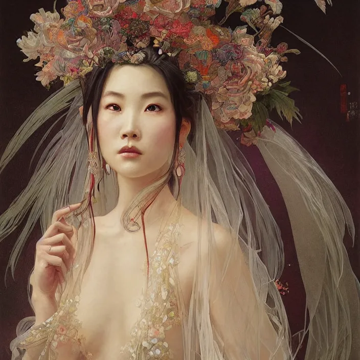 Prompt: A portrait of The bride in a Chinese wedding by Ross Tran!!! and alphonse mucha and greg rutkowski! and Gustave Doré!! and Zdzisław Beksiński!,In style of Impressionism.Symmetry.Highly detailed face.Fantasy,smooth,hyper detailed,sharp focus,Soft light.trending on artstation.oil on canvas