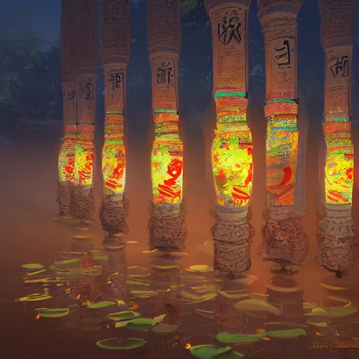 Image similar to concept art, river lanterns on the eve of ullambana festival, high resolution, cave temples of dunhuang style, artstation