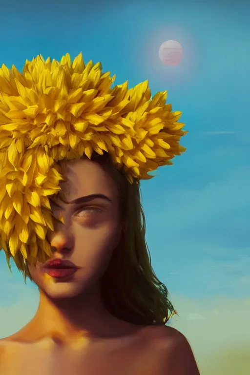 Image similar to closeup girl with huge yellow dahlia flower on face, on beach, surreal photography, blue sky, sunrise, dramatic light, impressionist painting, digital painting, artstation, simon stalenhag