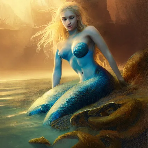 Image similar to High detail painting of a mermaid in a clam underwater fantasy world, full body, long blonde hair, blue eyes, fish tail, digital art, highly detailed, Greg Rutkowski, Chris Moore