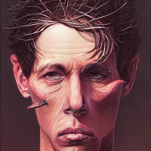 Image similar to a head - on portrait of a 2 0 - something engineering student, brown messy hair, by wayne barlowe