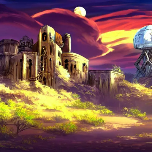 Image similar to Anime style, desert at night filled with beasts, tall white tower in the background, HD,