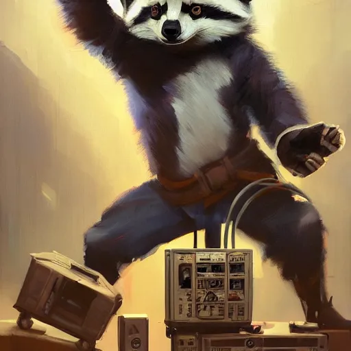 Image similar to greg manchess painting of a trash panda character, holding a box of cables and standing next to old electronic equiptment, medium shot, asymmetrical, profile picture, organic painting, night time, matte painting, bold shapes, hard edges, street art, trending on artstation, by huang guangjian and gil elvgren and sachin teng