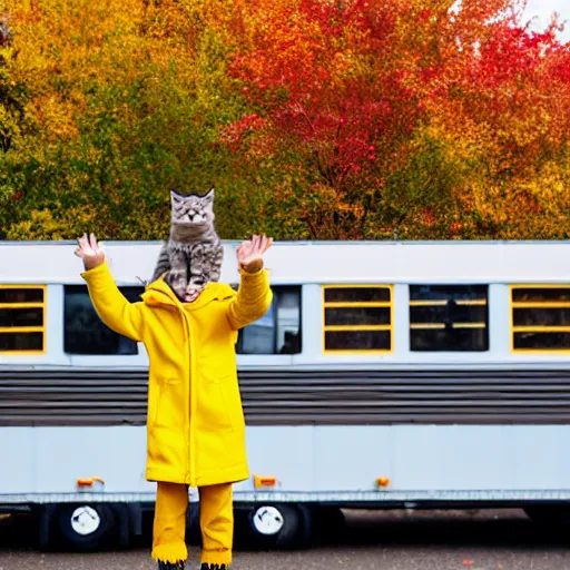 Prompt: anthropomorphic cute kitten wearing a yellow raincoat and yellow boots standing by the school bus on the first day of kindergarten, with colorful fall leaves and light rain, medium shot