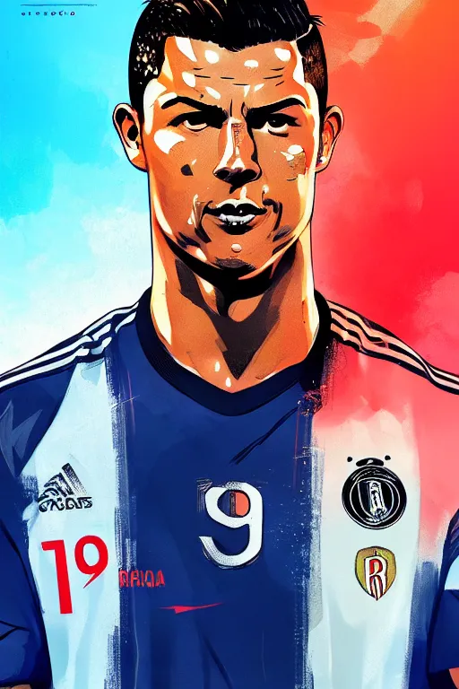 Image similar to christiano ronaldo, manga cover art, detailed color portrait, artstation trending, 8 k, greg rutkowski