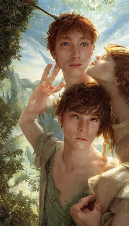 Image similar to epic masterpiece portrait peter pan and wendy, sweaty skin, hyperrealistic, octane render, cinematic, beautiful face and flawless skin, perfect hands, 5 fingers, by Edgar Maxence and Ross Tran and Michael Whelan, Legends of Runeterra