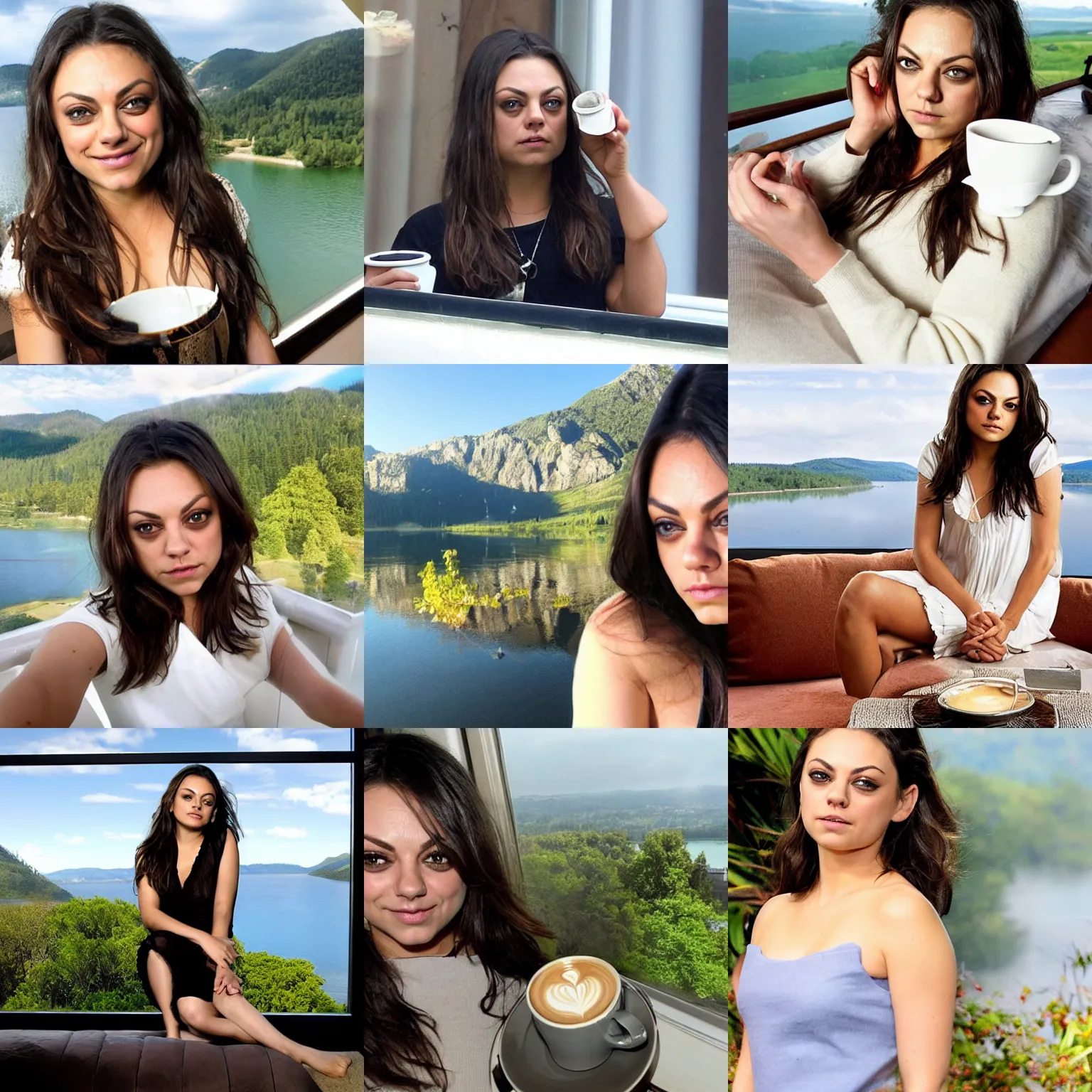 Prompt: dreamy mila kunis doesn't want to wake up, steaming coffee, lake view vista