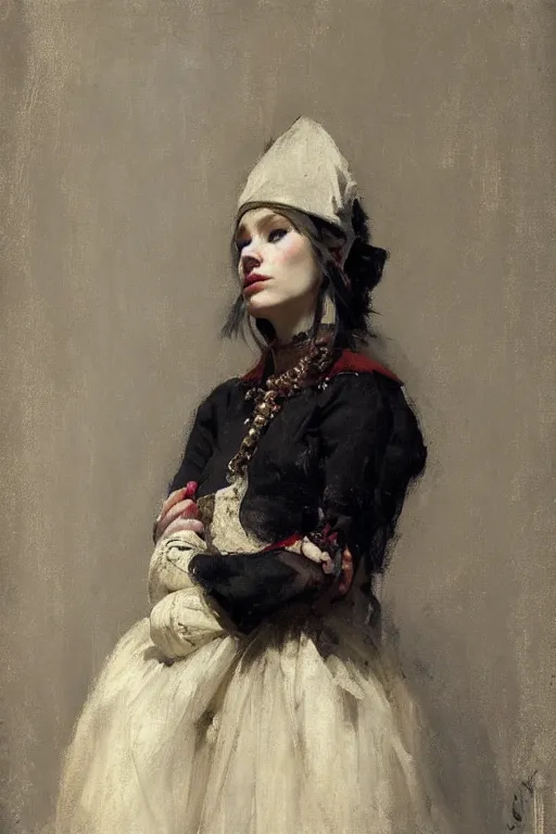 Image similar to Richard Schmid and Jeremy Lipking full length portrait painting of a young beautiful medieval jester woman